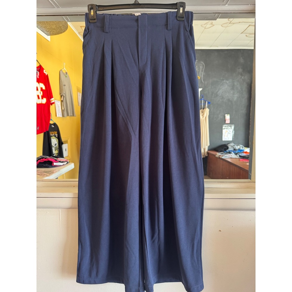 Halara Navy Blue Pleated Wide Leg Pants High Waisted Waffle Knit Size L NWT